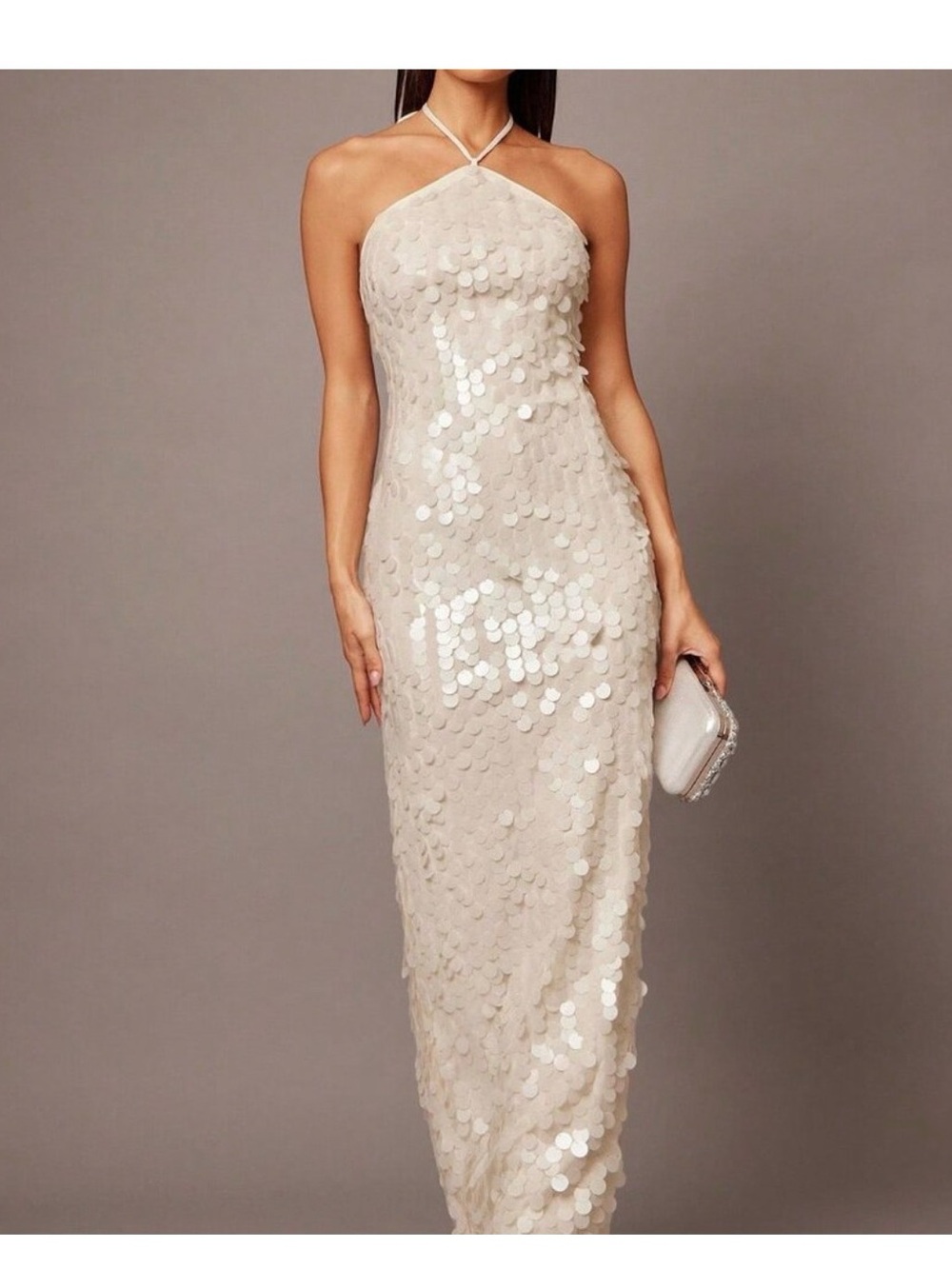 White Sequin Halter Women's Cocktail Dress